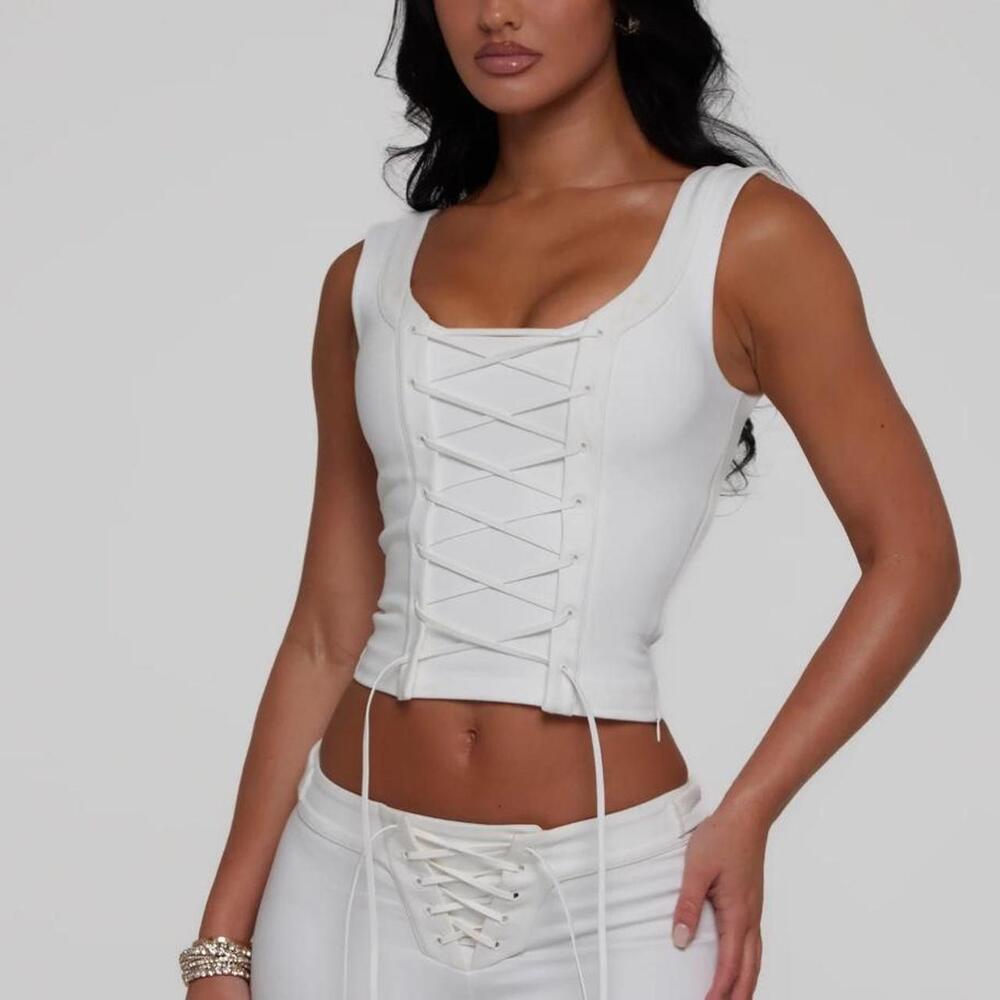 NEW A Vintage Fit Corset Top White Lace Up Sleeveless Tank Cropped Size M
